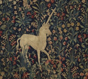 Allegorisch Millefleurs wandtapijt met dieren (1530-45) door Flemish School